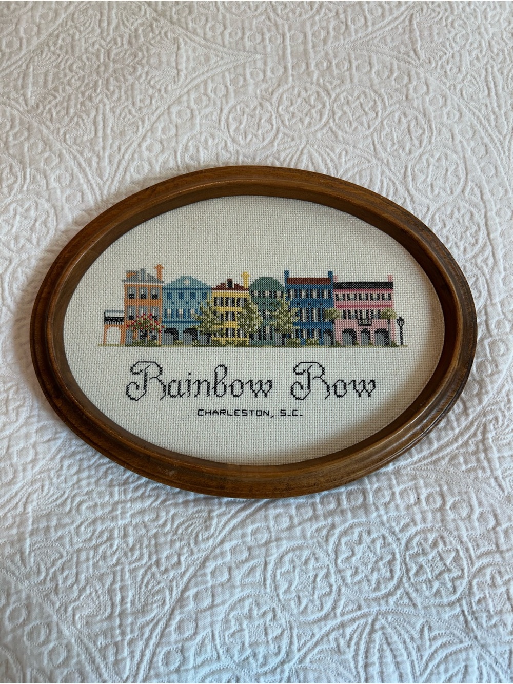 Vintage, Antique Rainbow Row Charleston Framed Cross-Stitch Wall Art